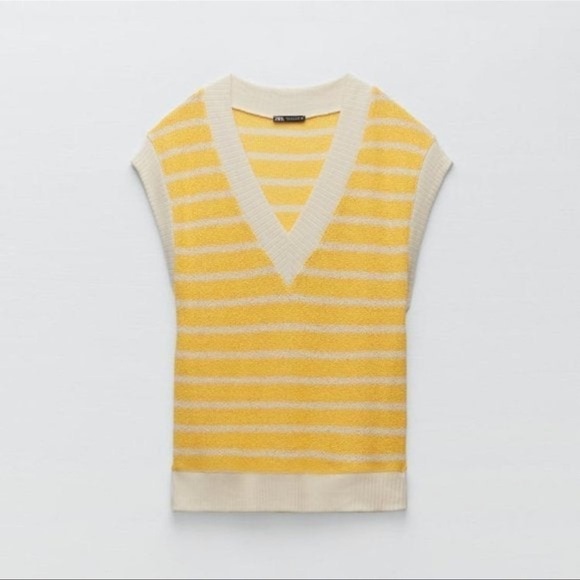 ZARA Yellow and White Striped V-Neck Sleeveless Knit Sweater - Picture 1 of 11